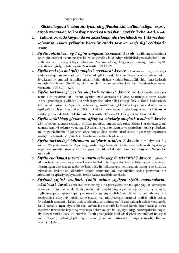 Klinik diagnostika laboratoriya savol-javoblari: jihozlanish, siydik va me’da shira tahlillari