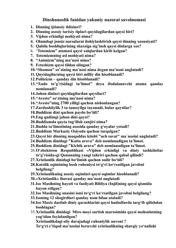 Dinshunoslik fanidan yakuniy nazorat savolnomasi