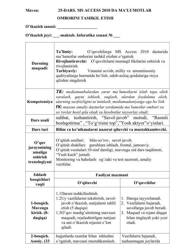 MS ACCESS 2010 da ma'lumotlar omborini tashkil etish