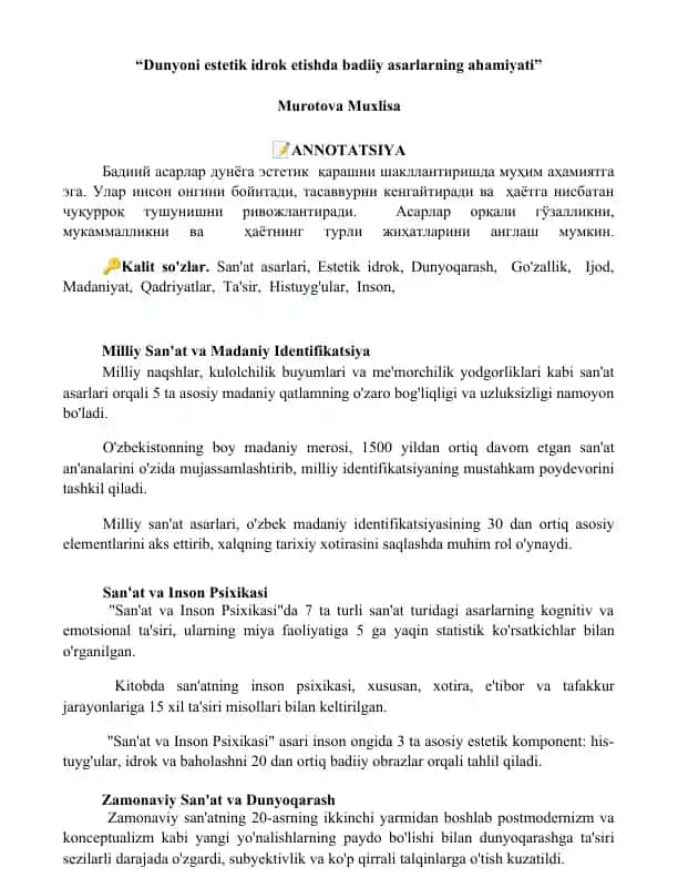 San'at va Inson Psixikasi