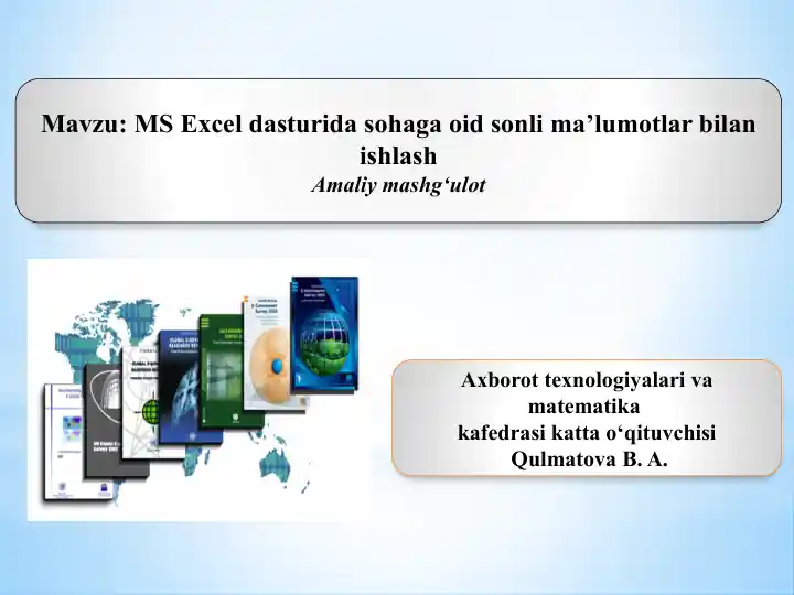 Amaliy mashg‘ulot – MS Excel dasturida sohaga oid sonli ma’lumotlar bilan ishlash