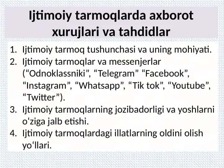 Ijtimoiy tarmoqlarda axborot xurujlari va tahdidlar.