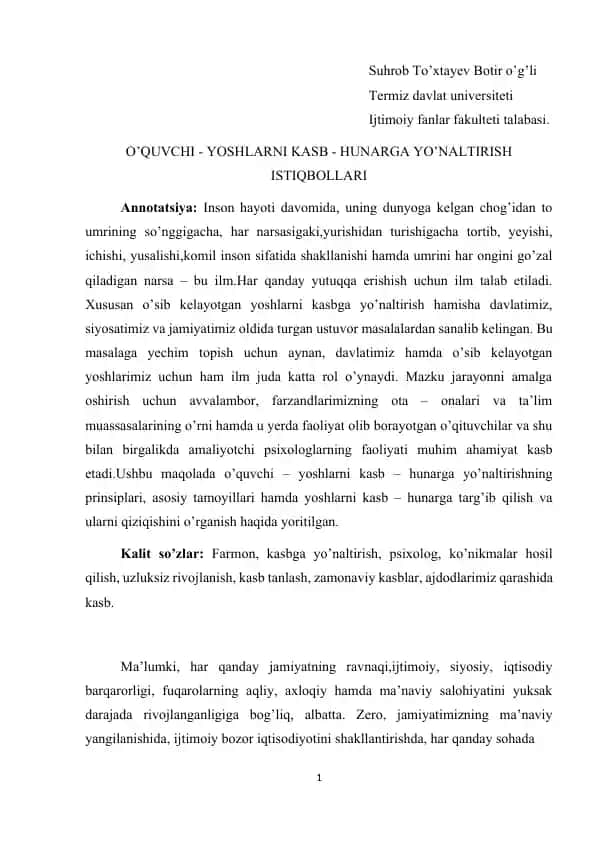 O’quvchi - Yoshlarni Kasb-hunarga Yo’naltirish Istiqbollari