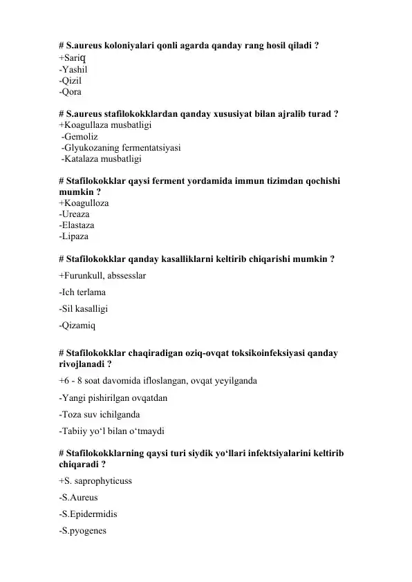 Stafilokokklar haqida test savollari