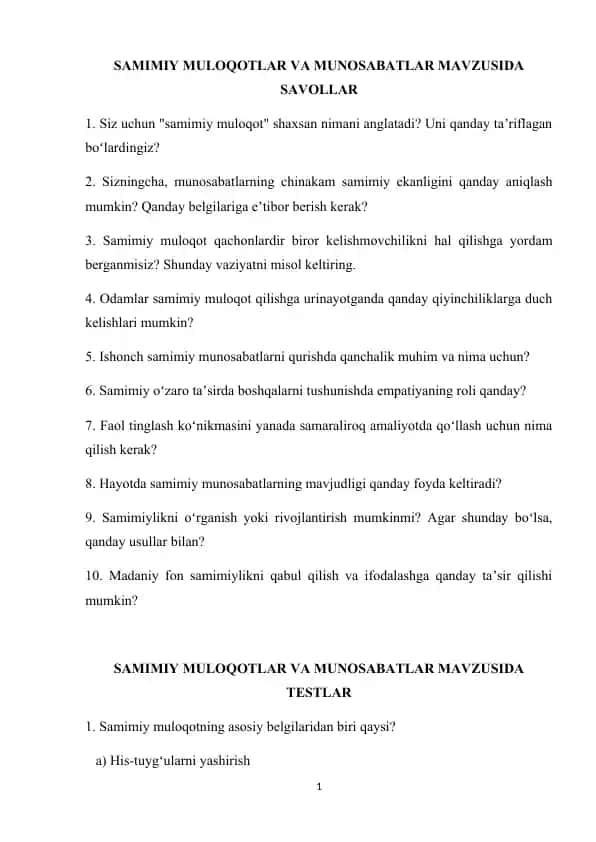 SAMIMIY MULOQOTLAR VA MUNOSABATLAR MAVZUSIDA SAVOLLAR