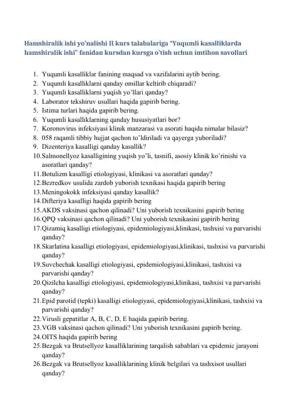 "Yuqumli kasalliklarda Hamshiralik Ishi"