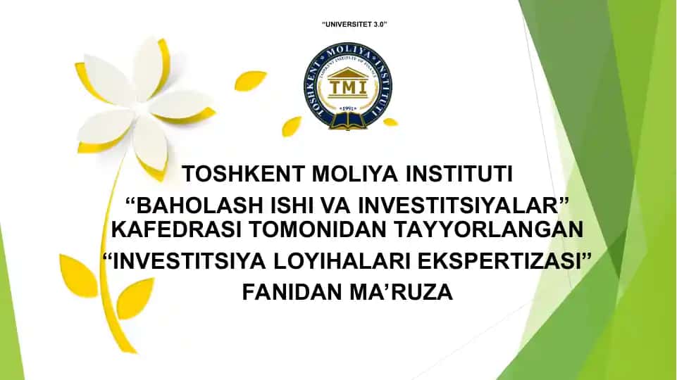 “INVESTITSIYA LOYIHALARI EKSPERTIZASI” fanidan ma’ruza