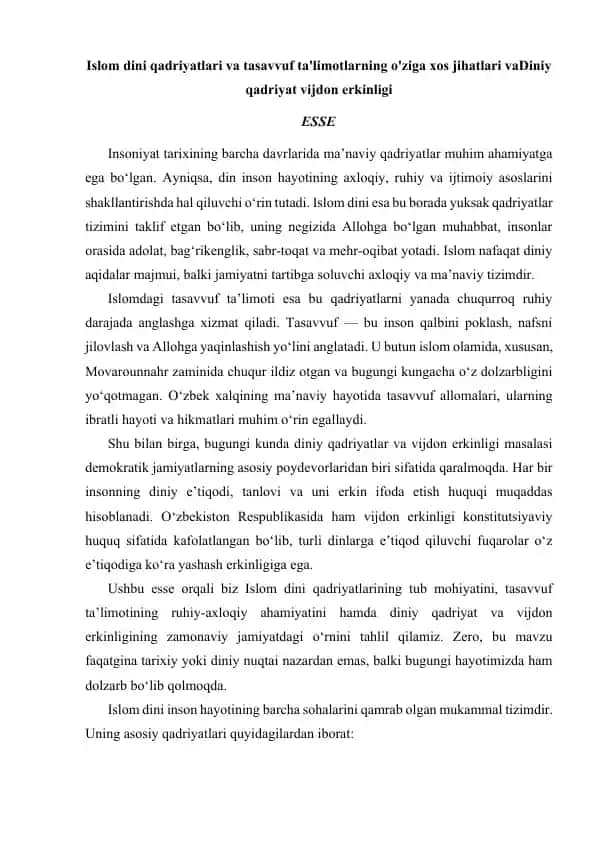 Islom dini qadriyatlari va tasavvuf ta'limotlarining o'ziga xos jihatlari
