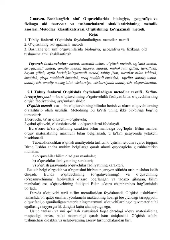 Tabiiy fanlarni o'qitishda foydalaniladigan metodlar tasnifi