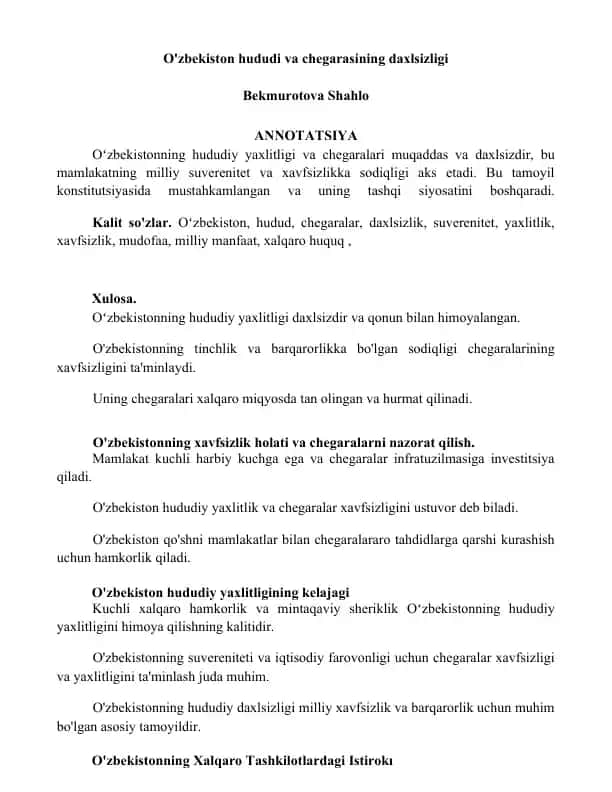 O'zbekiston hududi va chegarasining daxlsizligi