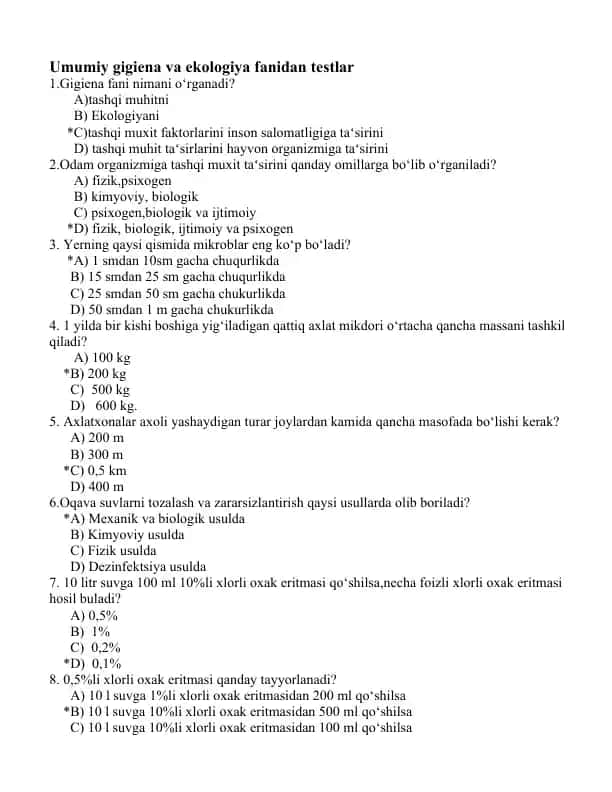 Umumiy gigiena va ekologiya fanidan testlar