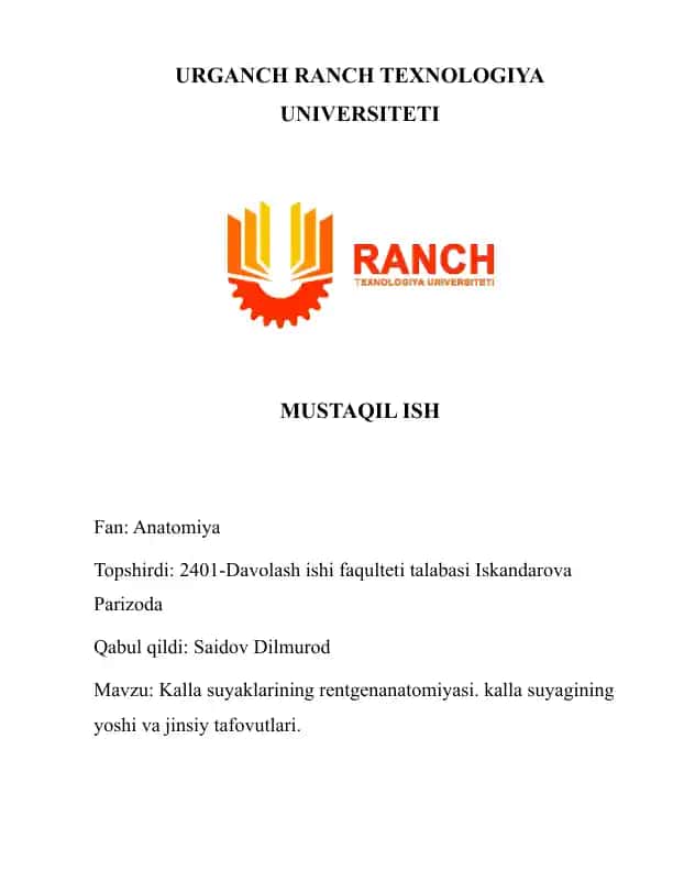 Kalla suyaklarining rentgenanatomiyasi. kalla suyagining yoshi va jinsiy tafovutlari