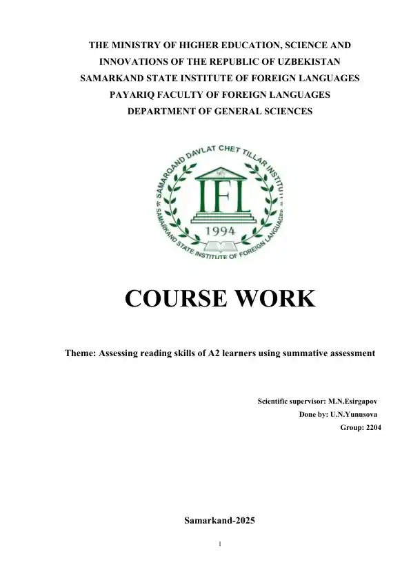 Courswork: Assessing reading skills of A2 learners using summative assessment