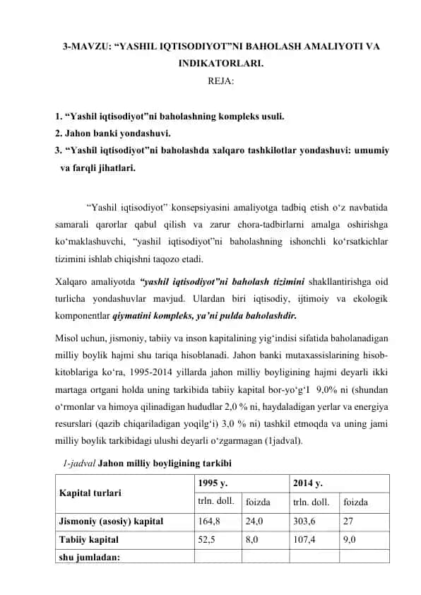 "Yashil iqtisodiyotni baholash amaliyoti va indikatorlari"