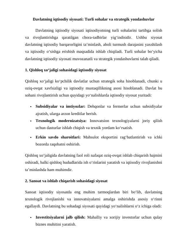 Davlatning iqtisodiy siyosati: Turli sohalar va strategik yondashuvlar