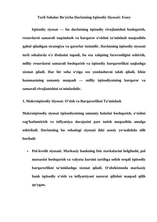 Turli Sohalar Bo'yicha Davlatning Iqtisodiy Siyosati: Essey