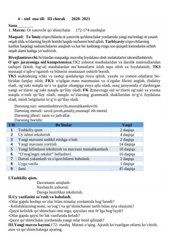 ona tili 4-sinf Ot yasovchi qo`shimchalar dars ishlanma