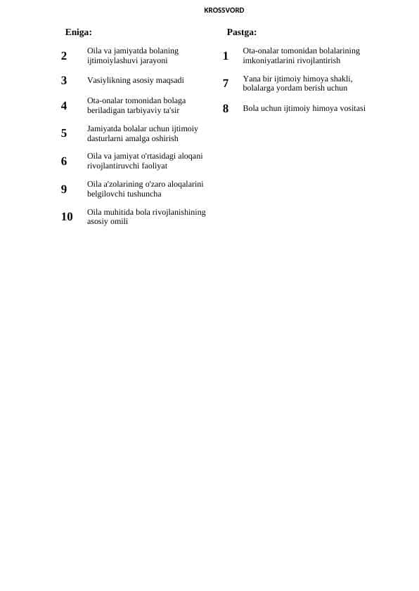 : Oila bilan olib boriladigan ijtimoiy-pedagogik faoliyat. Vasiylik va homiylik.