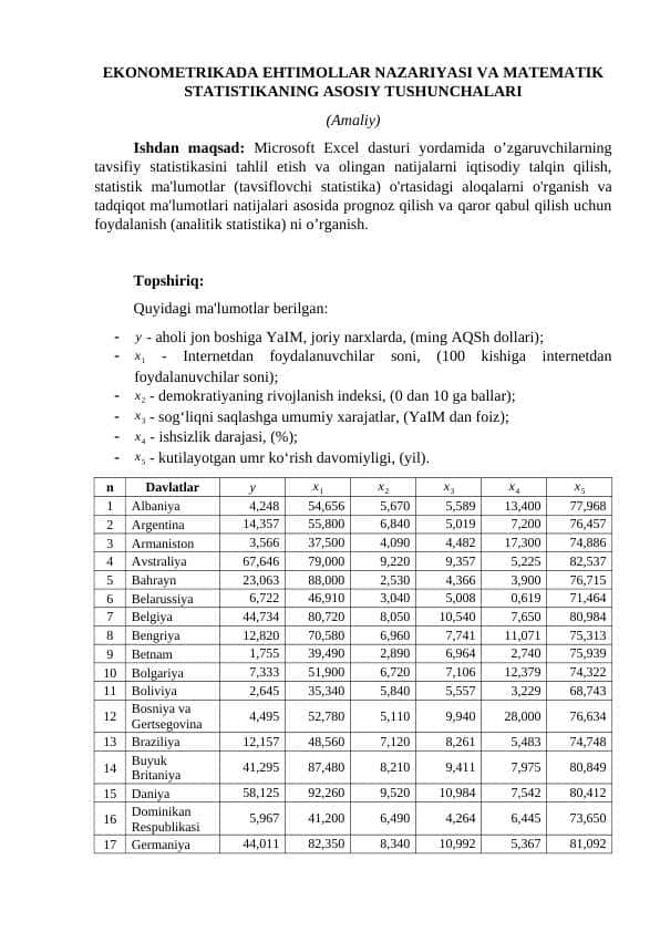 EKONOMETRIKADA EHTIMOLLAR NAZARIYASI VA MATEMATIK STATISTIKANING ASOSIY TUSHUNCHALARI (Amaliy)