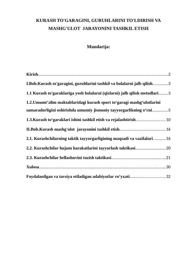 KURASH TO'GARAGINI, GURUHLARINI TO'LDIRISH VA MASHG'ULOT JARAYONINI TASHKIL ETISH