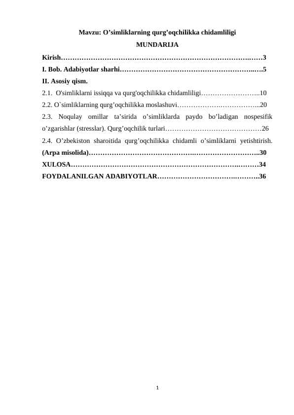 O’simliklarning qurg’oqchilikka chidamliligi