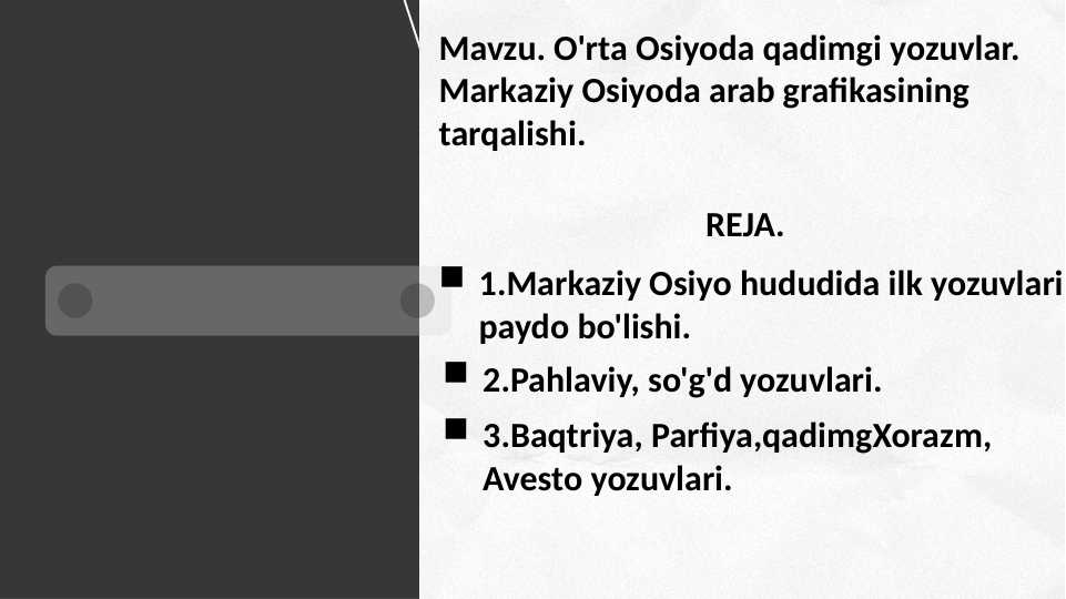 Mavzu. O'rta Osiyoda qadimgi yozuvlar. Markaziy Osiyoda arab grafikasining tarqalishi.