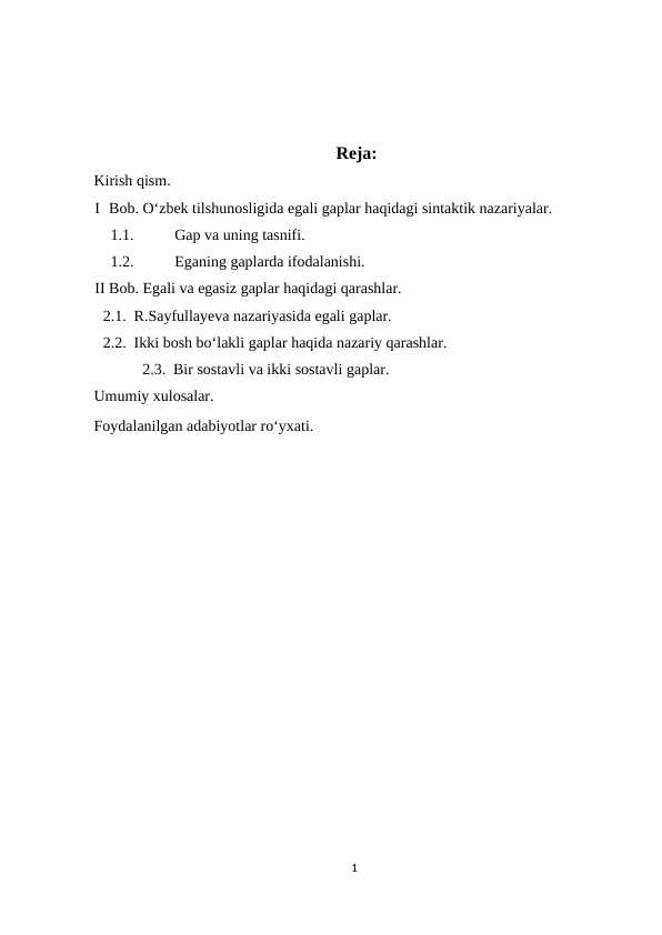 O‘zbek tilida egali gaplar haqidagi sintaktik nazariyalar” KURS ISHI