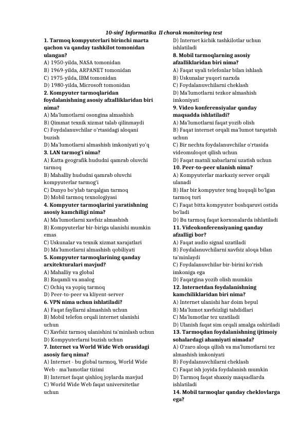 10-sinf Informatika II chorak monitoring test