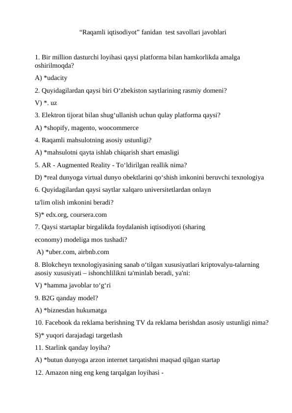 “Raqamli iqtisodiyot” fanidan test savollari javoblari Test javoblari