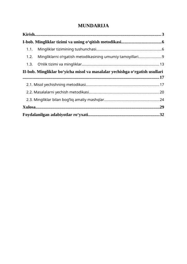 Minglik mavzusida misol, masalalar yechishga o‘rgatish metodikasi