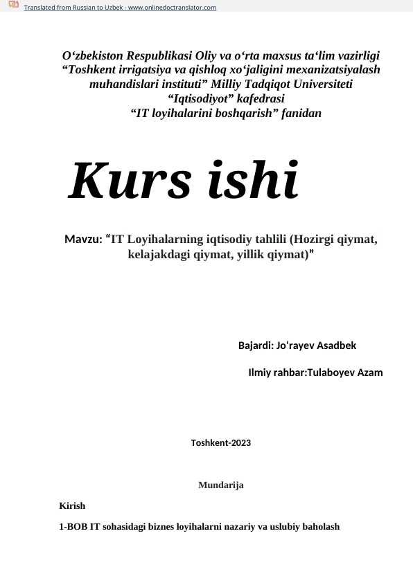 IT Loyihalarning iqtisodiy tahlili (Hozirgi qiymat, kelajakdagi qiymat, yillik qiymat).docx
