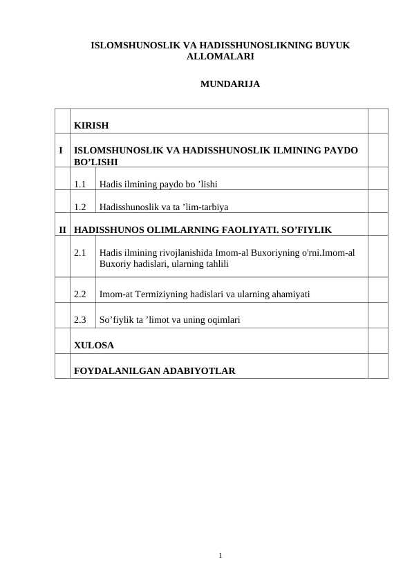 ISLOMSHUNOSLIK VA HADISSHUNOSLIKNING BUYUK ALLOMALARI