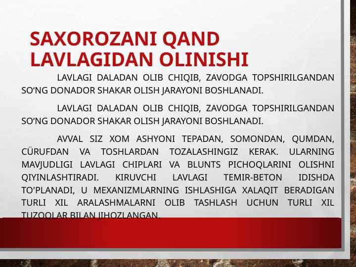 Saxorozani qand lavlagidan olinishi