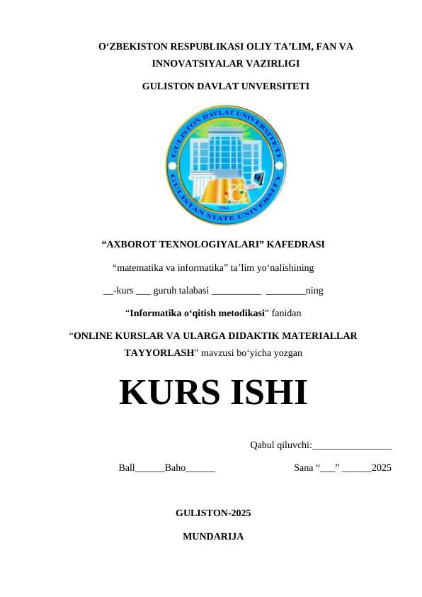 ONLINE KURSLAR VA ULARGA DIDAKTIK MATERIALLAR TAYYORLASH