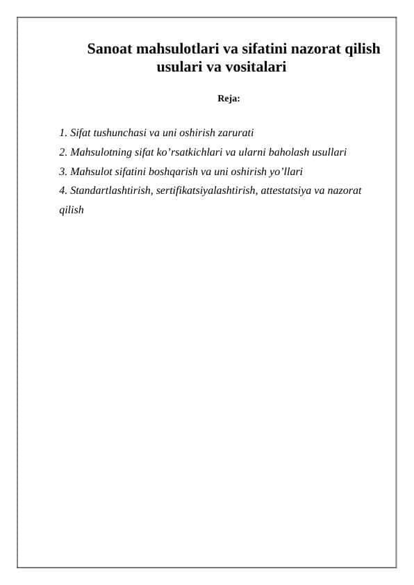 Sanoat mahsulotlari va sifatini nazorat