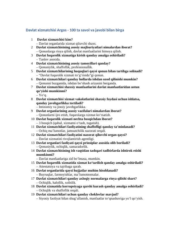 Davlat xizmatchisi Argos TEST SAVOL JAVOBI BILAN 500 ta 2025