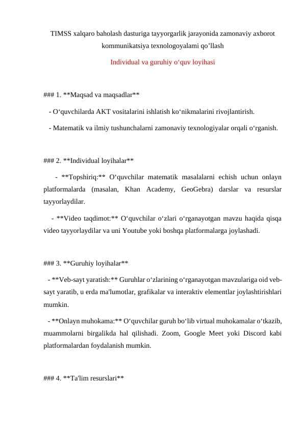 TIMSS xalqaro baholash dasturiga tayyorgarlik jarayonida zamonaviy axborot kommunikatsiya texnologoyalami qo’llash