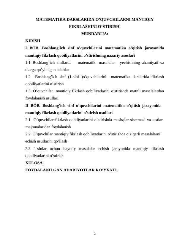 Matematika darslarida o’quvchilarni mantiqiy fikrlashini o’stirish