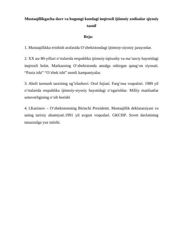 Mustaqillikgacha davr va bugungi kundagi inqirozli ijtimoiy xodisalar qiyosiy tasnif