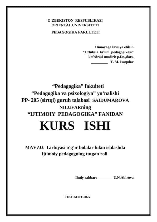 Tarbiyasi og‘ir bolalar bilan ishlashning ijtimoiy-pedagogik texnologiyalari