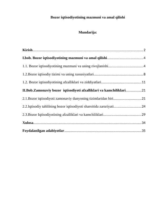 Bozor iqtisodiyotining mazmuni va amal qilishi