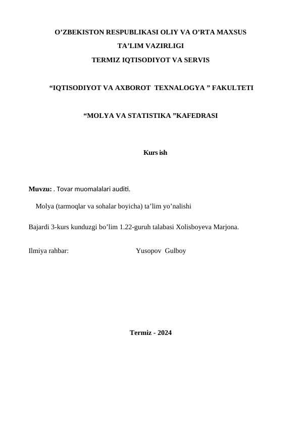 Tovar muomalalari auditi.