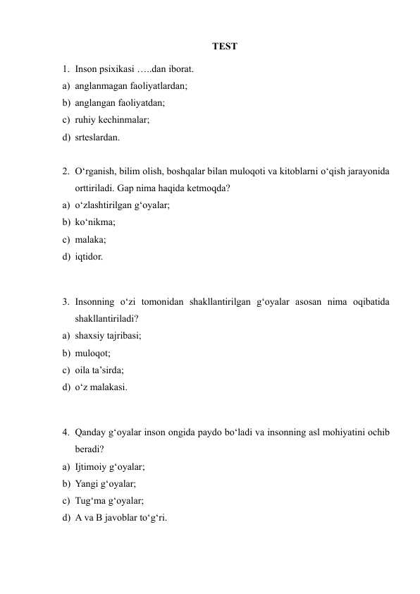 Psixologiya fanidan testlar