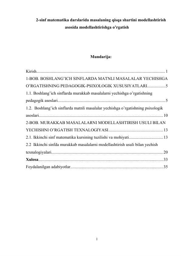 2-sinf matematika darslarida masalaning qisqa shartini modellashtirish asosida modellashtirishga o’rgatish