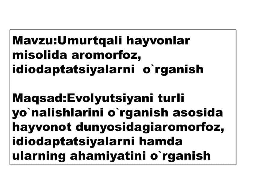 Umurtqali hayvonlar misolida aromorfoz, idiodaptatsiyalarni o`rganish