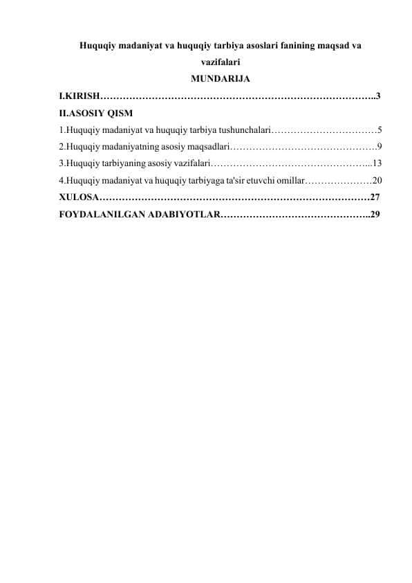 Huquqiy madaniyat va huquqiy tarbiya asoslari fanining maqsad va vazifalari