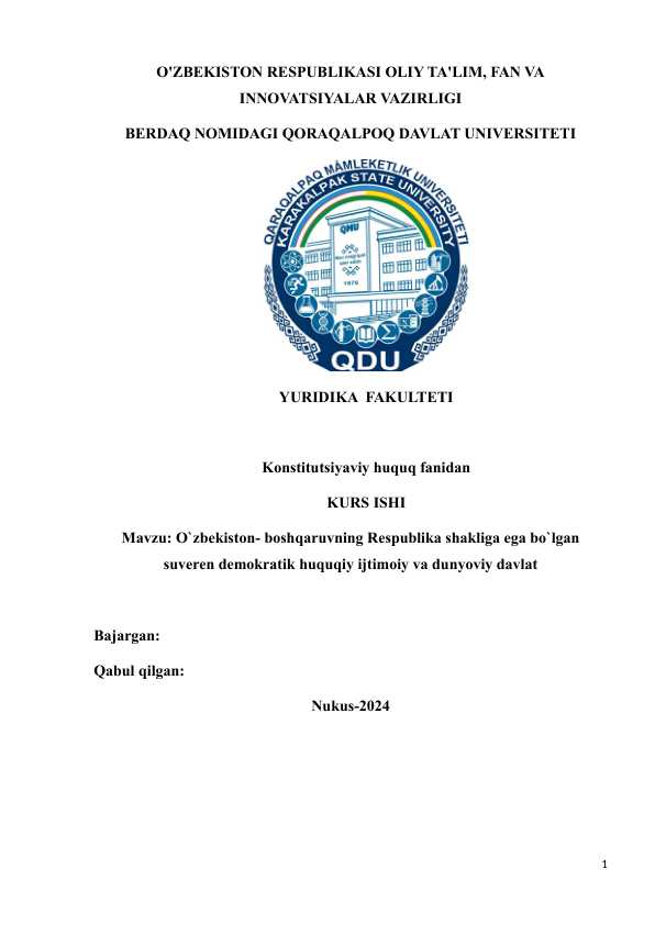 O`zbekiston boshqaruvning Respublika shakliga ega bo`lgan suveren demokratik huquqiy ijtimoiy va dunyoviy davlat