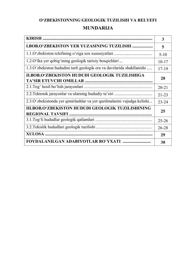 O‘ZBEKISTONNING GEOLOGIK TUZILISHI VA RELYEFI