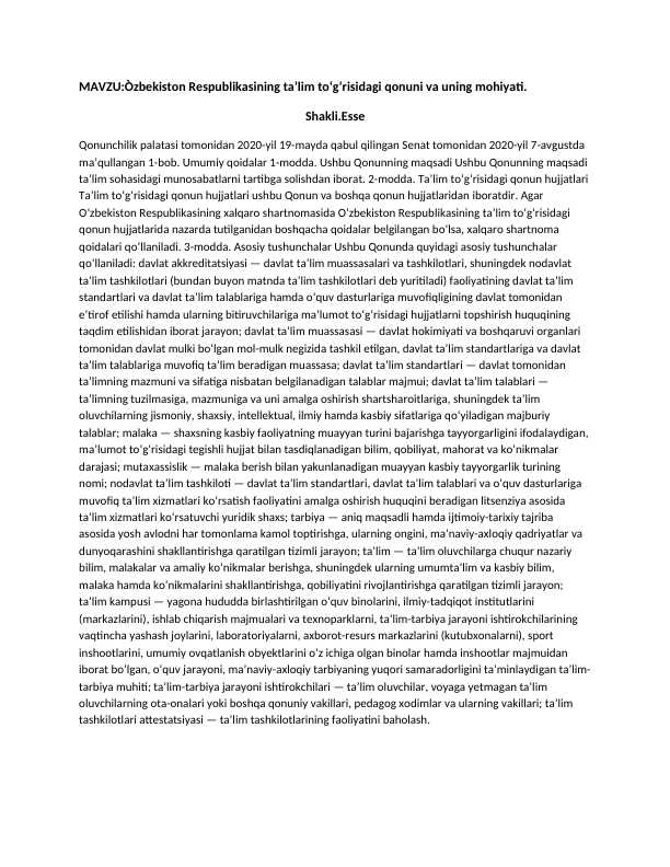 Òzbekiston Respublikasining taʼlim toʻgʻrisidagi qonuni va uning mohiyati.
