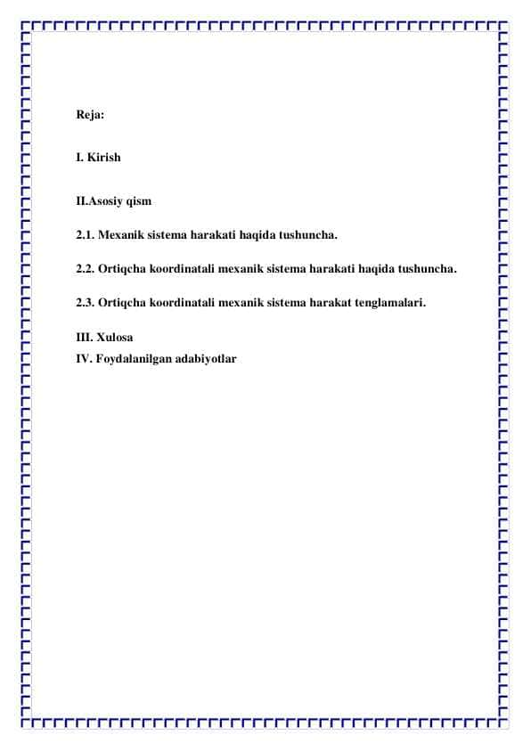 Ortiqcha koordinatali mexanik sistema harakat TENGLAMALARI